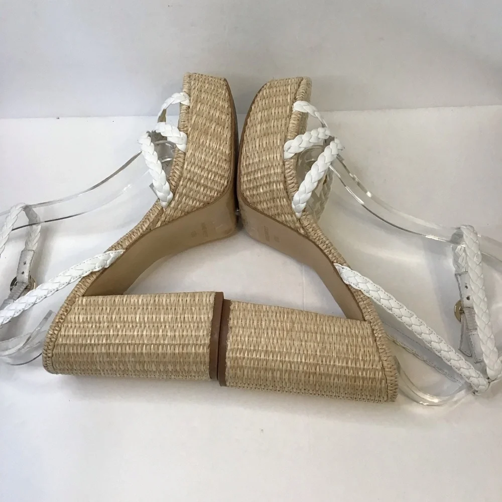NINE WEST Women's RYLIN White Tan Raffia Chunky Platform Sandals 10